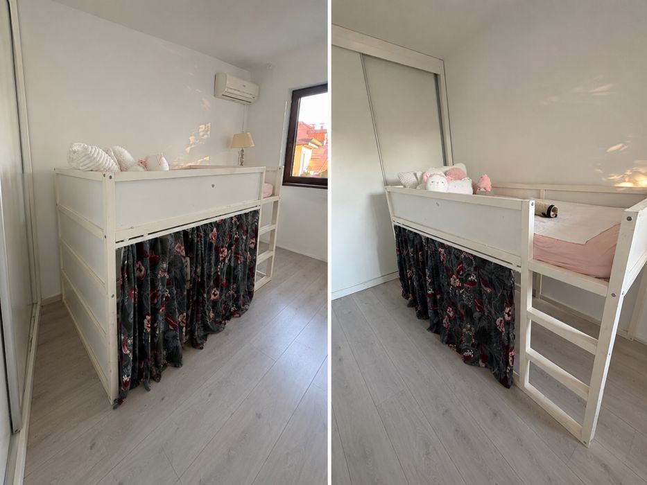 Pat IKEA KURA (vopsit alb) 90×200 cm – cu perdea si carou acoperis