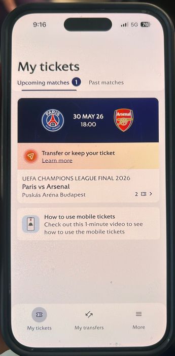 2 билета Category 1 за финала Arsenal – PSG в Будапеща