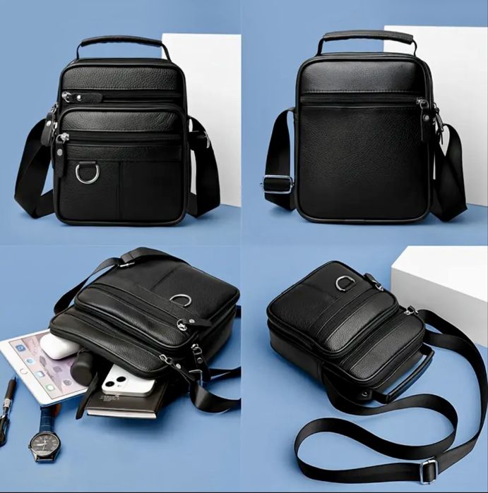 Мъжка функционална чанта с дръжка /Черна естествена кожа -10% Промоция