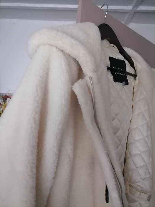 Модерно екрю зимно палто от шерп, макси, марка Ulla Popken