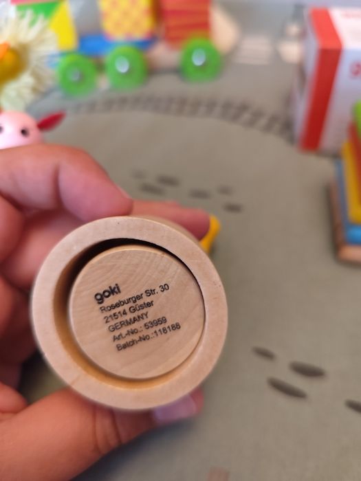 Дървени играчки- буталка Lelin, сортер Goki, влакче, "играещи фигурки"