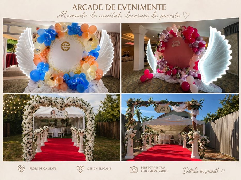 Cort eveniment/decor personalizat/arcade baloane/ aripi LED/masa gatit mireasa/busturi/oglinda foto/accesorii nunta