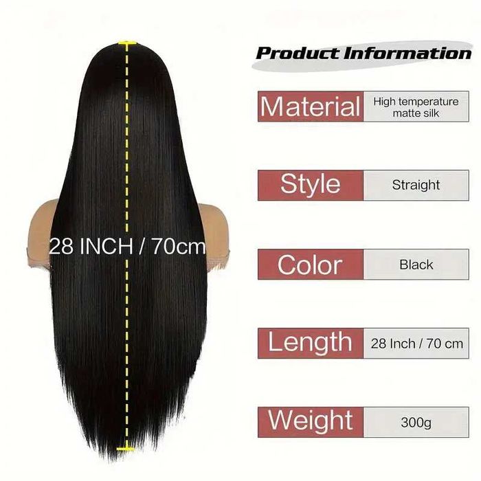 Черна синтетична 80 см права плътна перука с дантела 1X4 T-Part на път