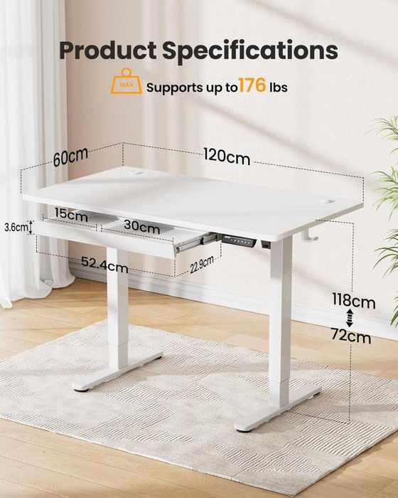 Birou electric reglabil 120x60 cm cu sertar – standing desk, memorie, alb - LIVRARE GRATUITA !!!