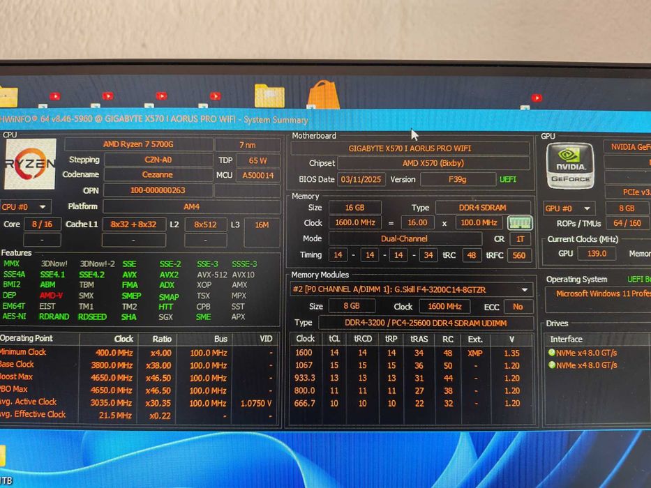 AMD Ryzen 7 5700G +Gigabite X570 I AORUS PRO WIFI 16 Ram