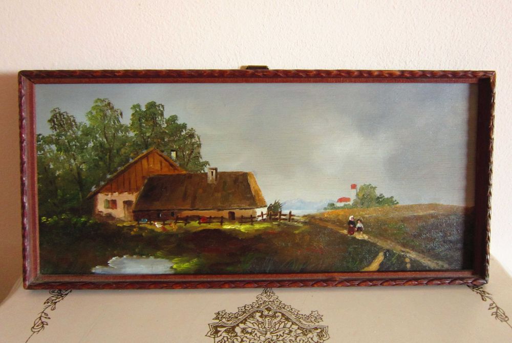 cadou rar tablou mic pictură în ulei scenă rurală Danemarca anii'50