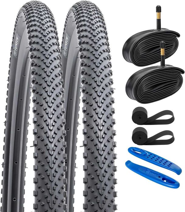 Set 2 Anvelope Bicicleta 700x38C YunSCM Gravel 60TPI Pliabile Aramid + 2 Camere Auto Schrader AV48mm + 2 Benzi Janta Kit Complet Cauciucuri Noi