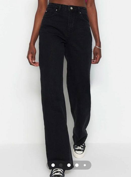 Черни дънки с висока талия и широки крачоли, размер 36