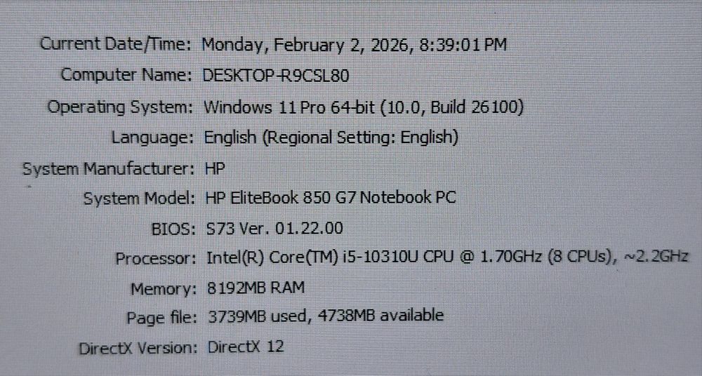 Laptop HP Elitebook 850 G7 i5 10310u 8gb ram 256gb ssd SIM 4G