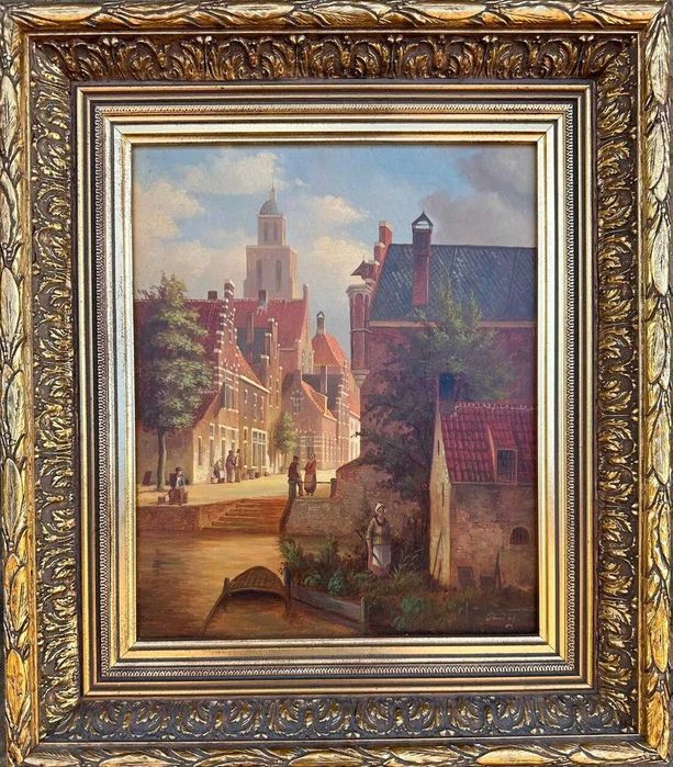 Continental school : Figures by steps along a canal, oil on panel