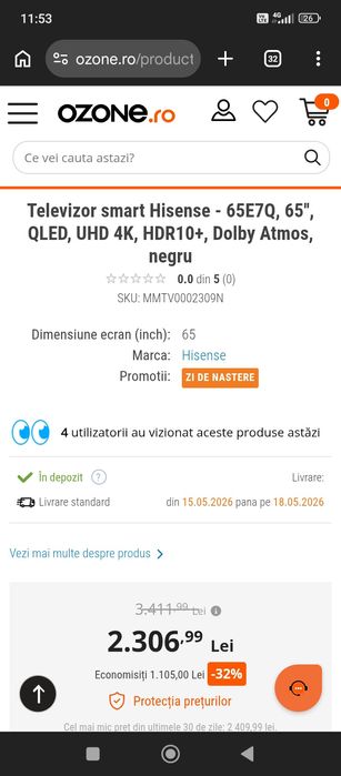Smart TV,hisense 4k 164 cm