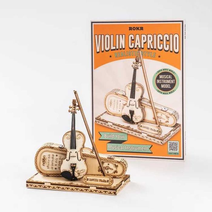 Puzzle 3D Vioara, ROKR, lemn, 62 piese, instrument muzical decorativ, 8+