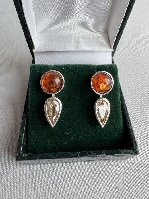 Cercei din argint, chihlimbar si zircon