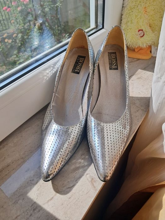 Pantofi stiletto argintii gri cu paiete BOSSI SBT BOSSI (Made in Spain) mărimea 39 (recomandat 38)