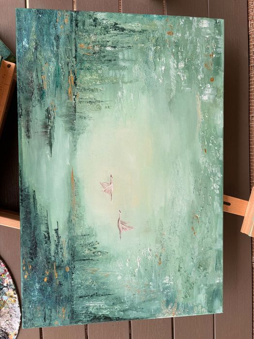 Tablou pictat peisaj cu lebede 40x60
