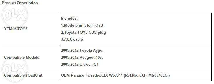 Yatour Toyota Aygo/Peugeot 107/Citroen C1 - марка Panasonic