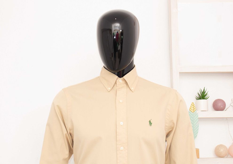 Ralph Lauren оригинална мъжка риза бежова зелено лого Slim Fit Feather Weight Twill S
