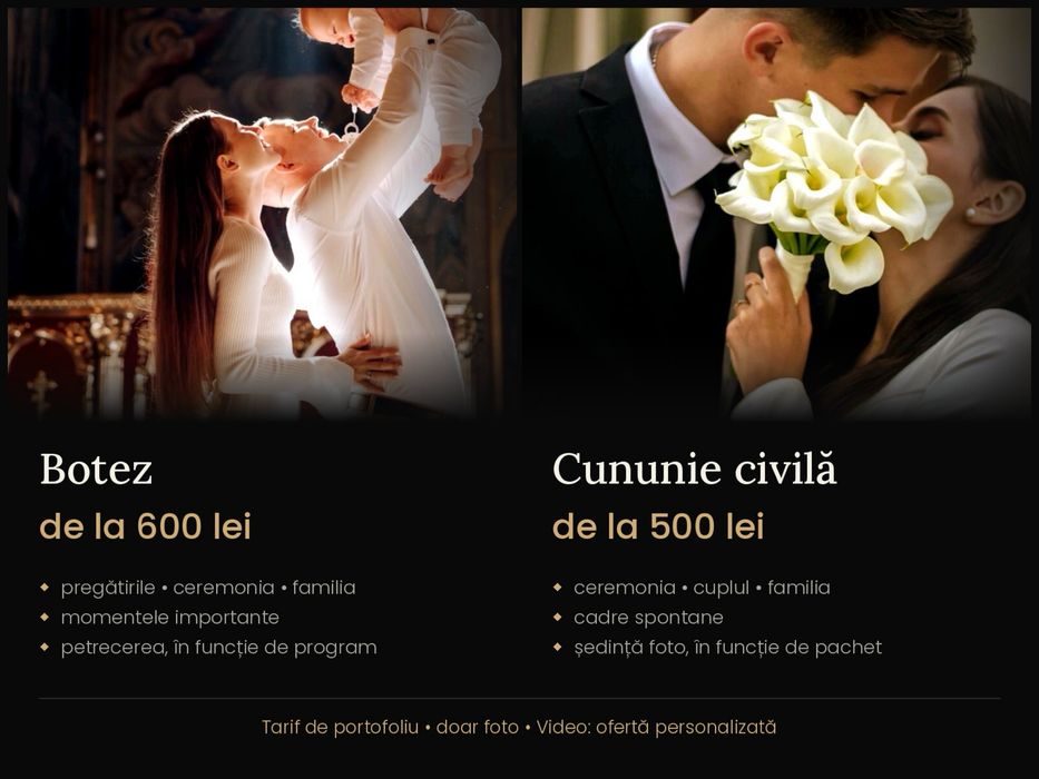 Fotograf & videograf evenimente - preturi de portofoliu (nunti, cununii civile, botezuri, zile de nastere, etc.) ședințe foto, business