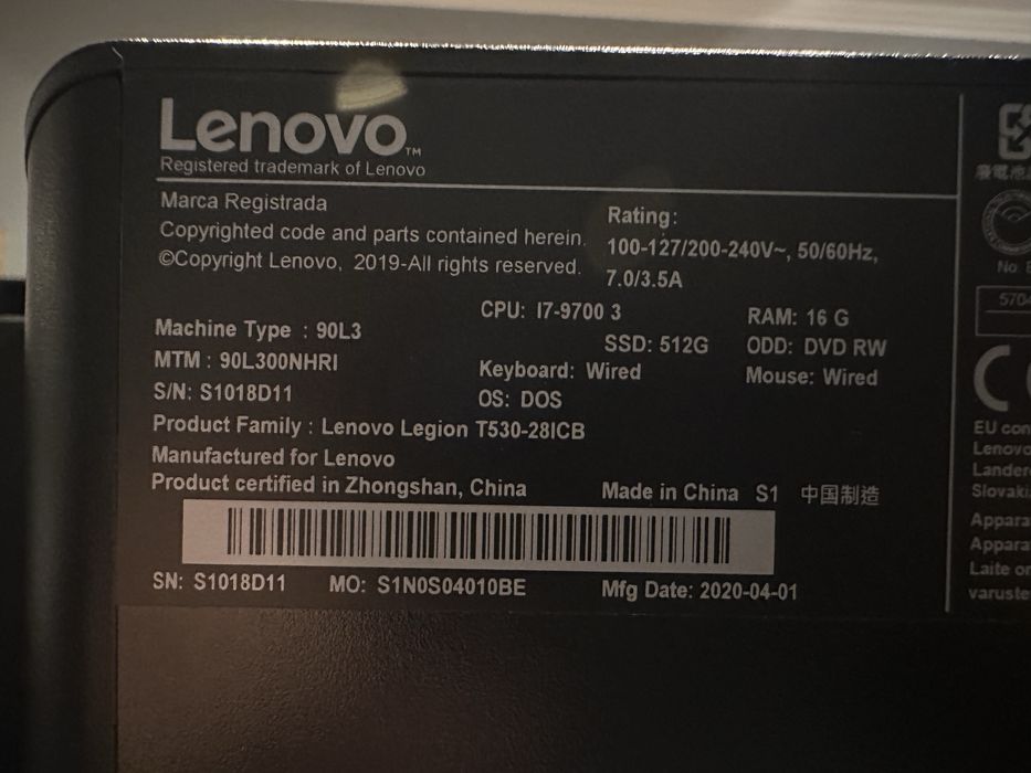 PC Lenovo Legion T530-28ICB+Monitor Lenovo 24,5”