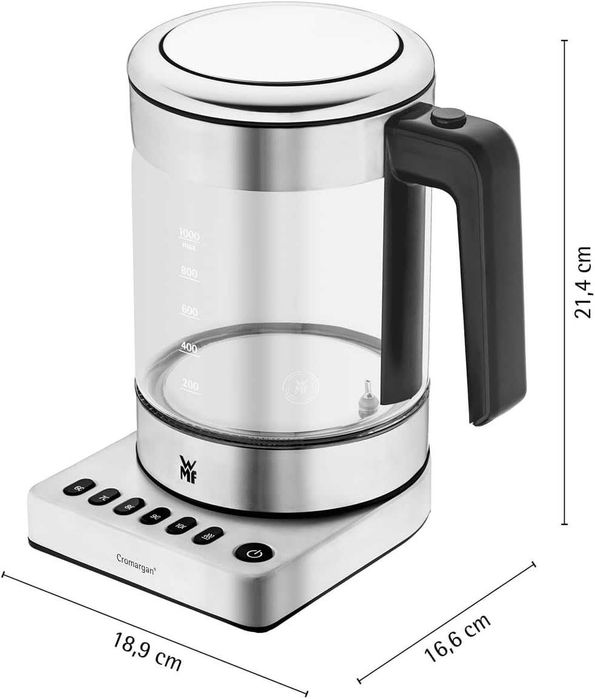 WMF Küchenminis 2-в-1 Vario стъклена кана за вода / чайник с държач за пакетчета чай и цедка / с регулиране на температурата 1.0л,1900W