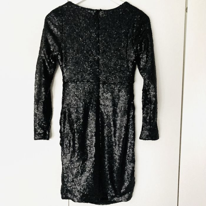 Елегантна коктейла черна рокля с пайети, дълъг ръкав, S