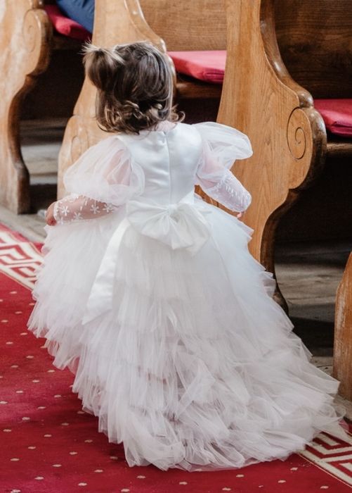 Rochie alba fetita cu trena tip mireasa 1-2ani