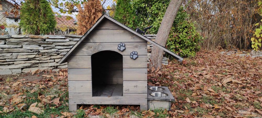 Къща за куче със стряха + купи;Колиба за кучета;Къщи за кученца- Сива