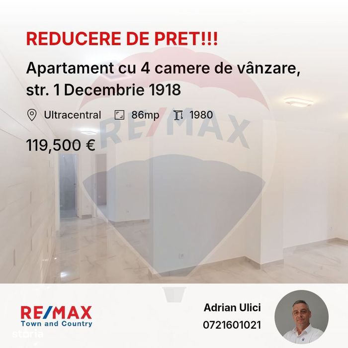 Apartament cu 4 camere de vânzare,  str. 1 Decembrie 1918