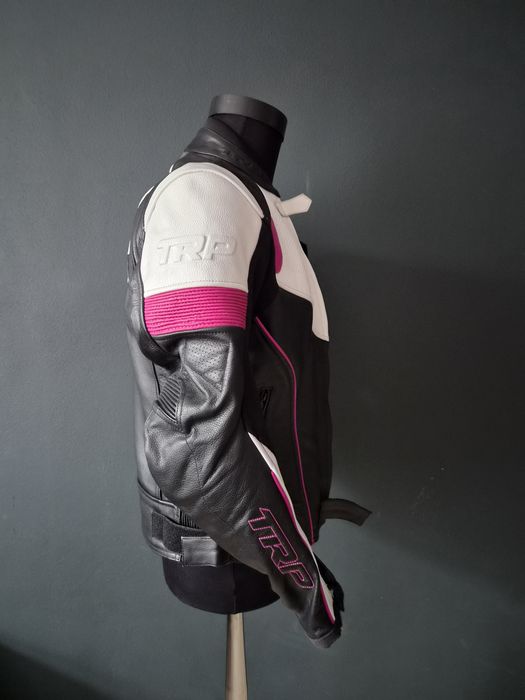Geacă moto damă RST S-1 din piele, mărimea 42/L, negru-alb-roz