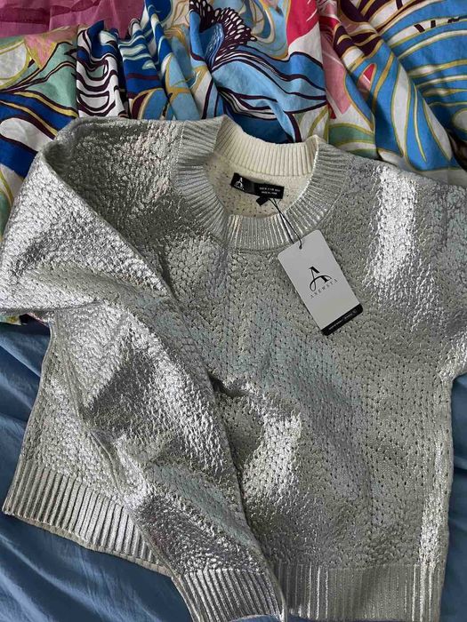 Блуза плетиво със сребрист промазан ефект