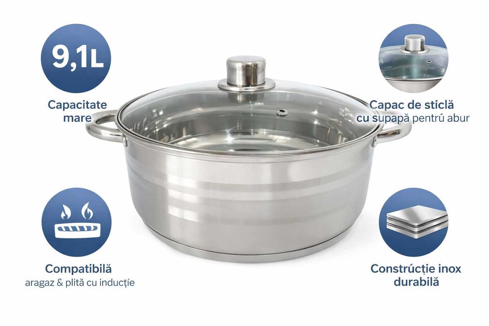 Cratita inox 9.1L cu capac din sticla pentru gatit