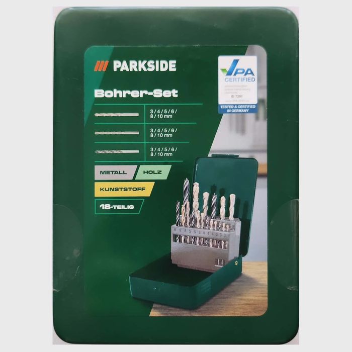 Trusa de 18 burghie pentru beton, metal si lemn Parkside, cutie metal