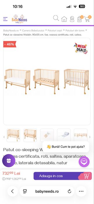 Patut din lemn 2 in 1 cu functie co-sleeper – Waldin 40x90 / 55x90 cm
