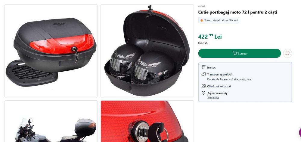 Cutie portbagaj motocicleta 72 l pentru 2 căști