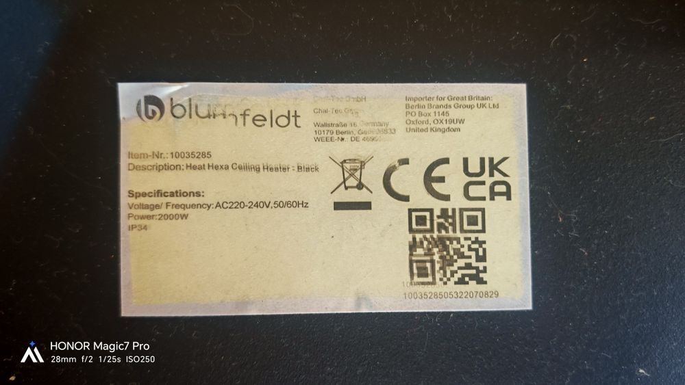 Висящ инфрачервен отоплител за тераса Blumfeldt / Klarstein Heat Hexa (2000W) с дистанционно