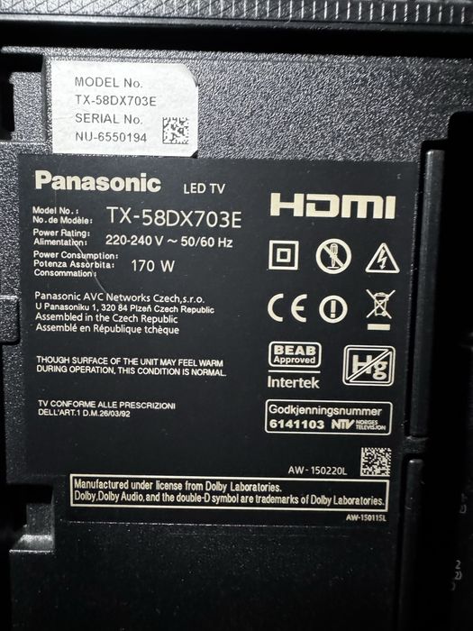 PANASONIC  TX-58DX703E  Телевизор 58 in за резервни части.