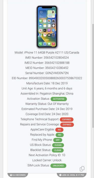 iPhone 11 Mov 64GB 86% Purple Neverlocked