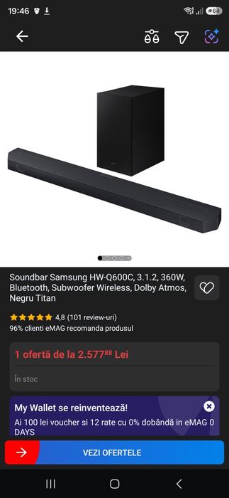 Soundbar Samsung HW-Q600C, 3.1.2, 360W, Bluetooth Subwoofer Wireless Dolby Atmos