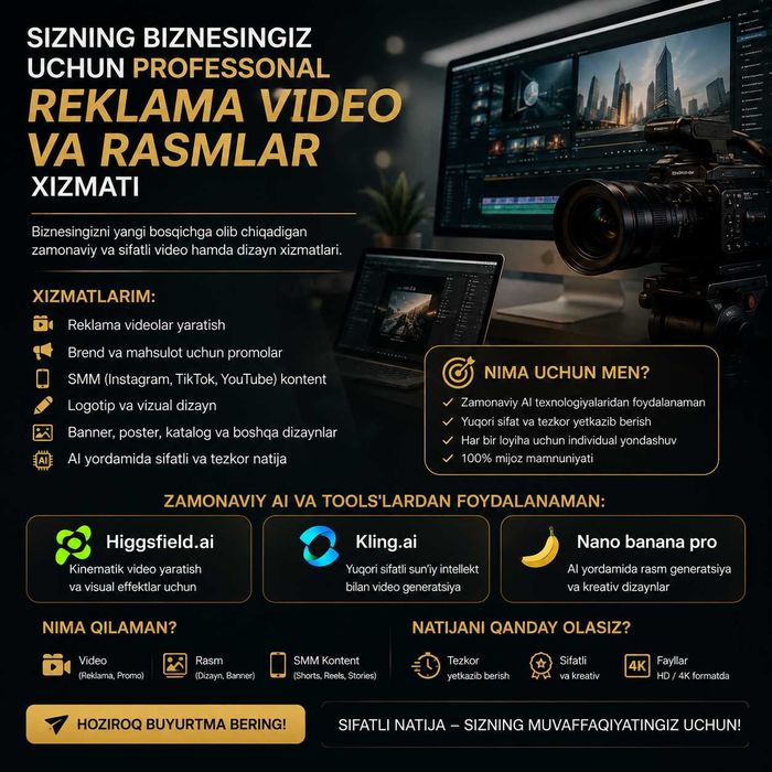 Biznes uchun professional reklama video va dizayn xizmatlari