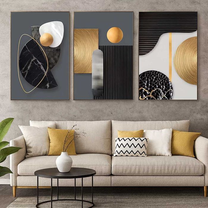 Set 3 Tablouri Canvas Geometrice cu accente aurii – 30x40 cm fiecare