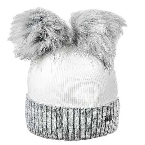 Бяла със сиво зимна шапка с два помпона