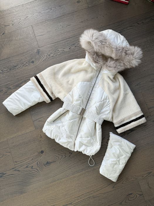 Бяло палто яке от ест. кожа алкантара с лисица ест. косъм 2 в 1