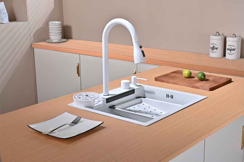 Бяла мултифункционална кухненска мивка 50см