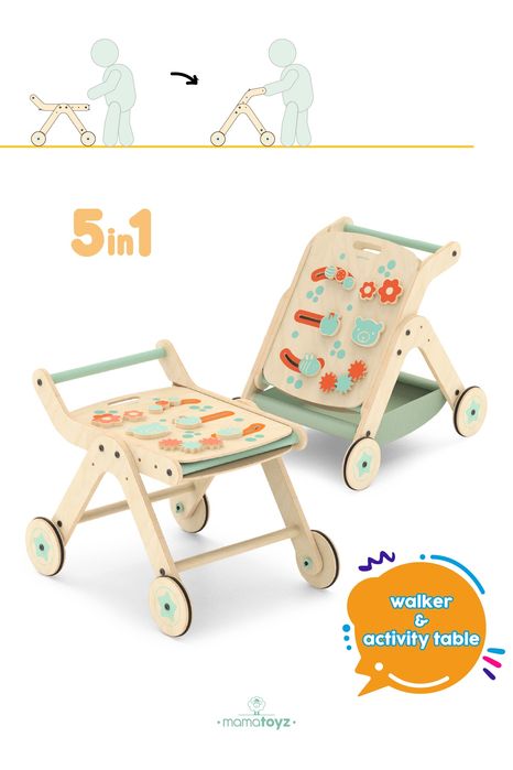 Дървена Проходилка,  активна маса и количка 5в1