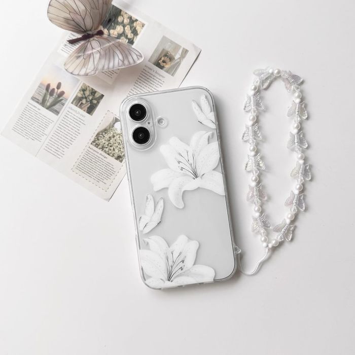 Husă iPhone 16 transparentă floare TPU rezistentă la șoc cu lanț – alb