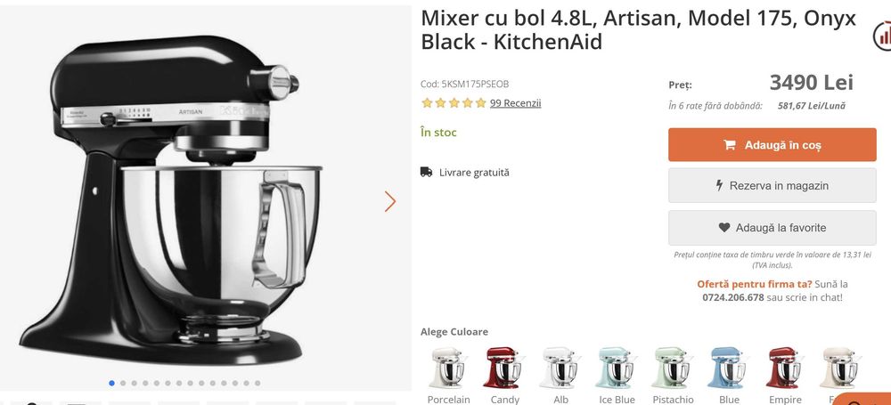 Kitchen Aid Artisan 4.8 L, model 175, Onyx Black, 2 boluri