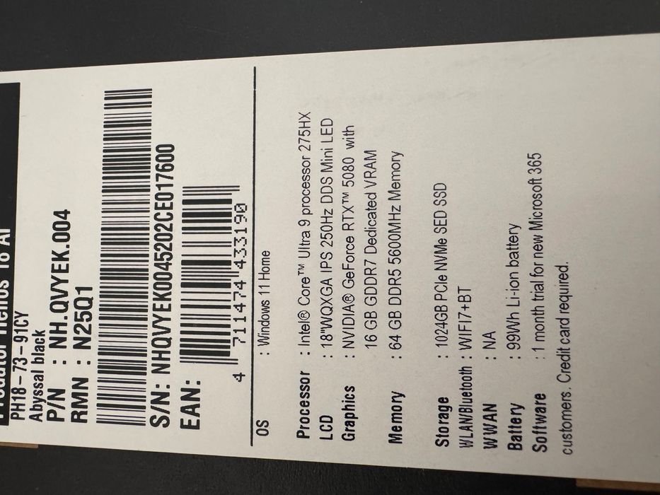 Acer predator helios 18 AI RTX5080