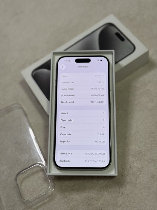 iPhone 15 Pro White Titanium 94% full box + husa ca nou 128 GB