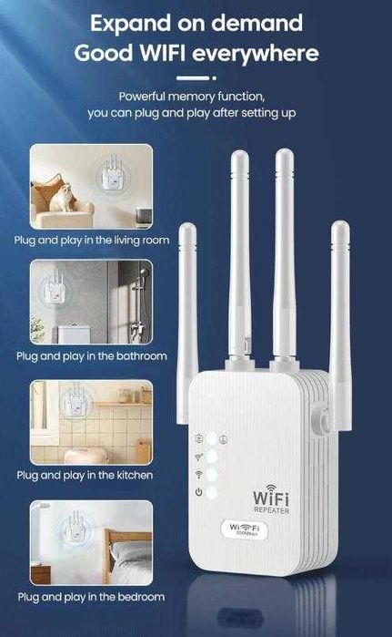 Интернет Бустер Повторител Безжичен Усилвател WiFi Repeater 4xАнтени 20dB 300MB Подобрява Сигнала и Покритието в Домашната Безжична Мрежа Офис Магазин