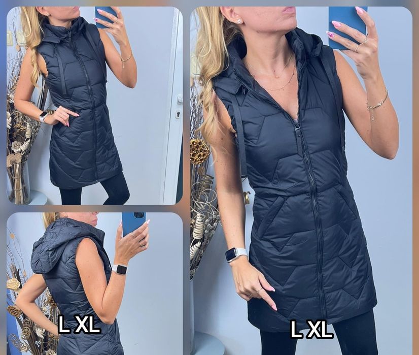 РАЗПРОДАЖБА Дамски дълъг елек - грейка с качулка L XL XXL Удобен! Прак